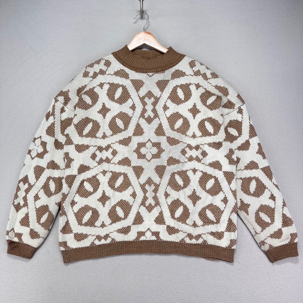 Vintage 70s/80s Crewneck Sweater Mens Large Brown/White‎ Pattern Acrylic Knit